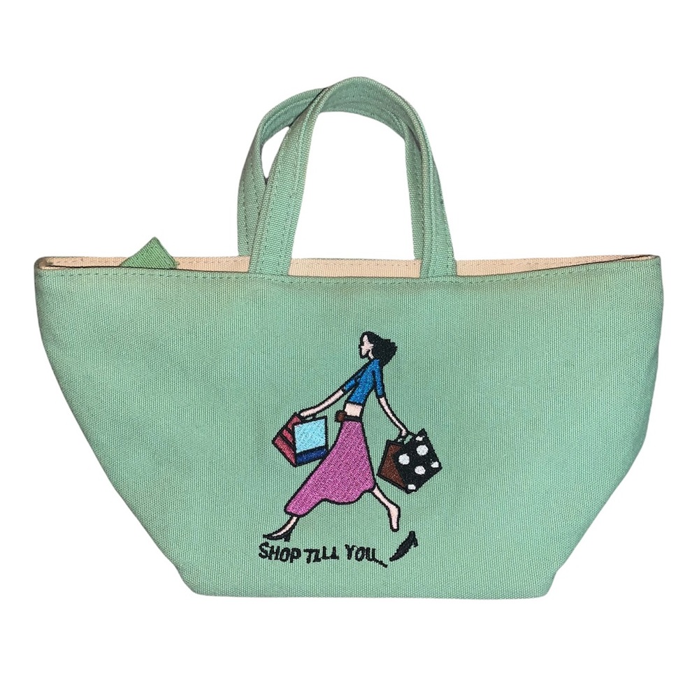 Y2K Pastel Green Canvas pink Shop Till Drop Embroidered Mini Bag